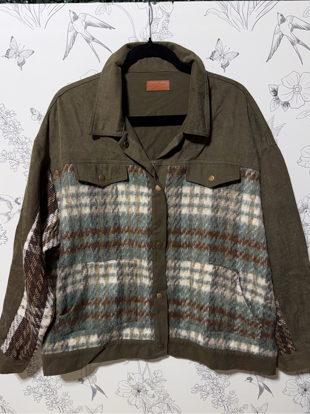 Umgee Olive Plaid Mixed-Media Utility Jacket